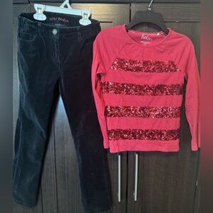 Mini Boden holiday outfit sequin long sleeve and velvety pants sz 8/9